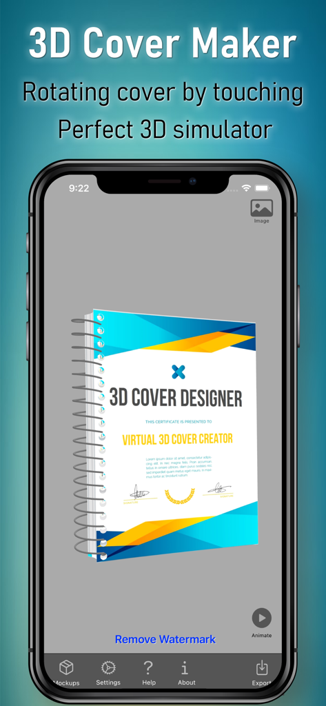 Mockup 3D de un cuaderno en espiral en la interfaz de la aplicación 3D Cover Maker que muestra la función de rotación
