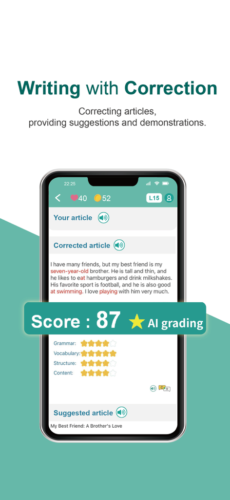 TutorJolly AI English Tutor - TutorJolly app interface showing AI writing correction and essay score