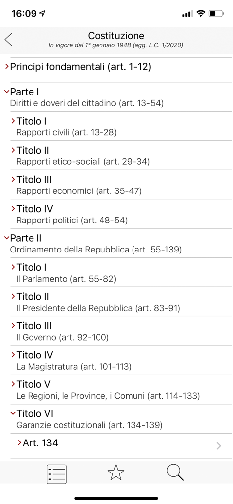Codici e Leggi - Indice dei contenuti della Costituzione italiana all'interno dell'app mobile Codici e Leggi