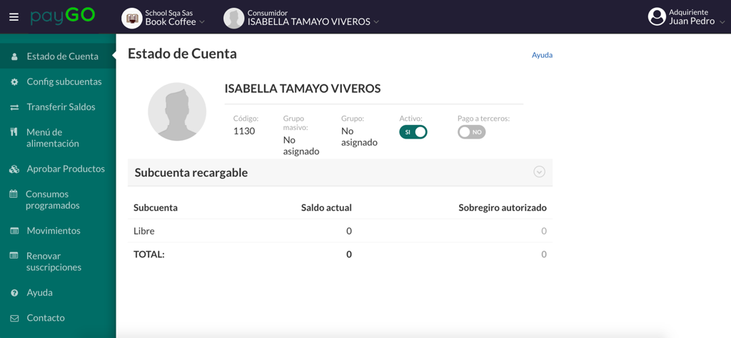 PAYGO - PAYGO mobile app interface showing a student account status and school meal payment dashboard