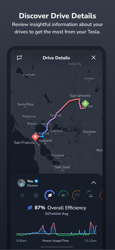TezLab - For Tesla/Rivian - TezLab app interface displaying a drive route on a map with efficiency and power usage statistics