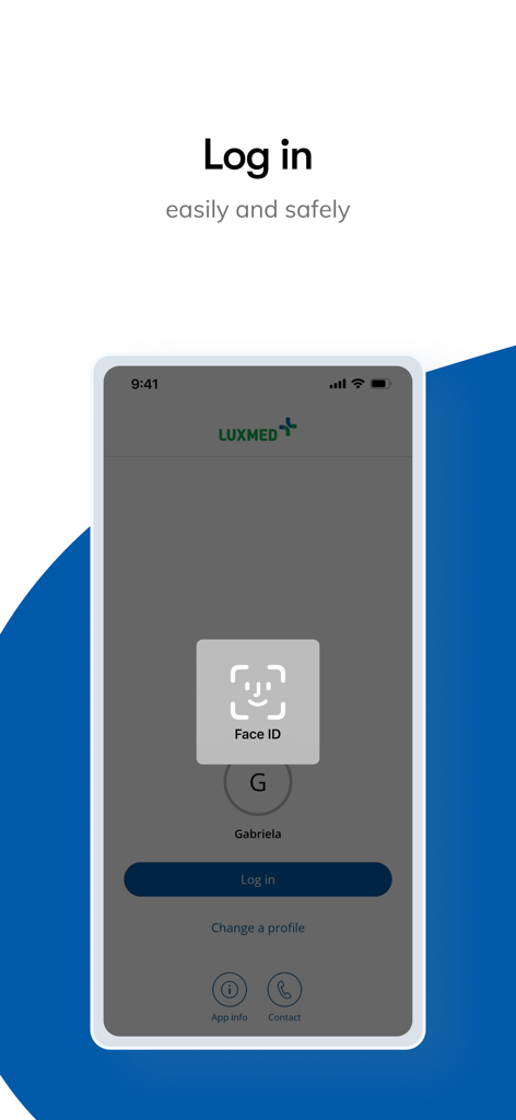 LUX MED patient portal login screen featuring Face ID biometric authentication on a smartphone.