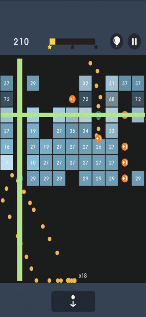A gameplay screenshot of Bricks Breaker Puzzle showing yellow balls bouncing to break numbered blue bricks.