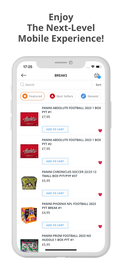 TFF Breaks - Mobile screen of the TFF Breaks app displaying available sports card boxes for purchase