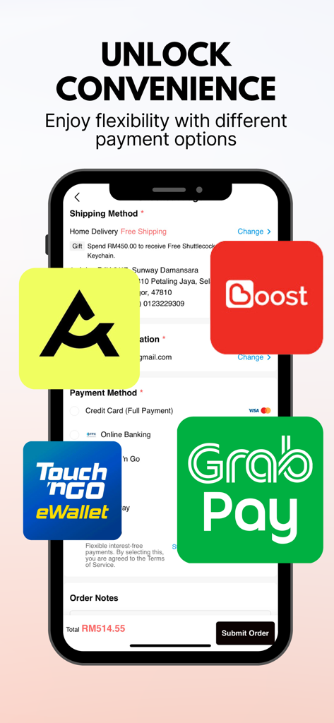 Pantalla de pago de la aplicación Li-Ning Malasia mostrando opciones de pago flexibles como GrabPay y Boost