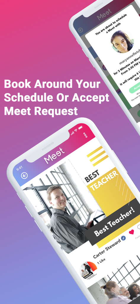 Meet - Dos pantallas móviles de la aplicación Meet que muestran el perfil de un profesor y la interfaz para programar una solicitud de reunión.