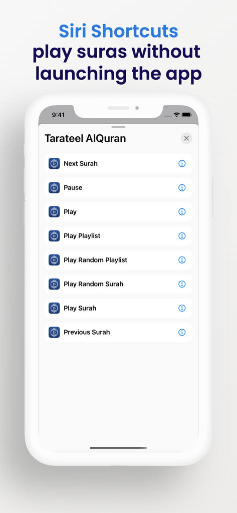 Tarateel AlQuran app interface showing a list of Siri Shortcuts for voice control
