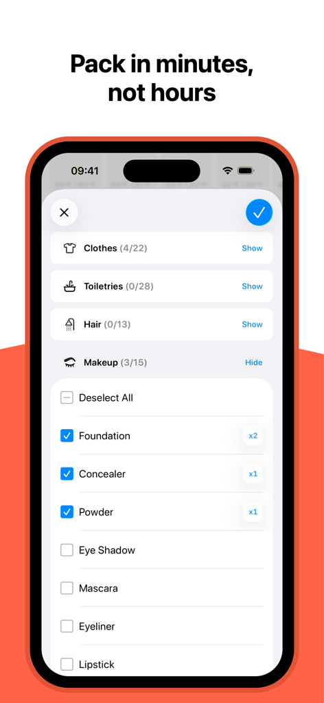 Packing List – Pack, Repeat - Interfaz de aplicación móvil que muestra una lista de equipaje de viaje con categorías y recuentos de artículos.