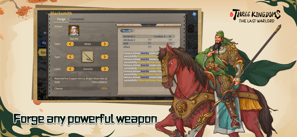 ThreeKingdoms The Last Warlord - Blacksmith menu in Three Kingdoms The Last Warlord for forging weapons