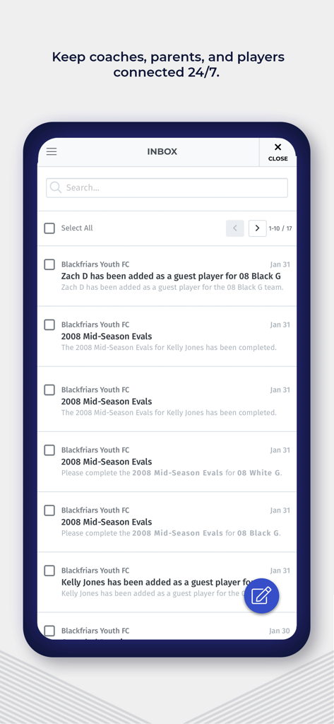 PlayMetrics - PlayMetrics mobile app inbox screen showing player notifications and club communication messages.