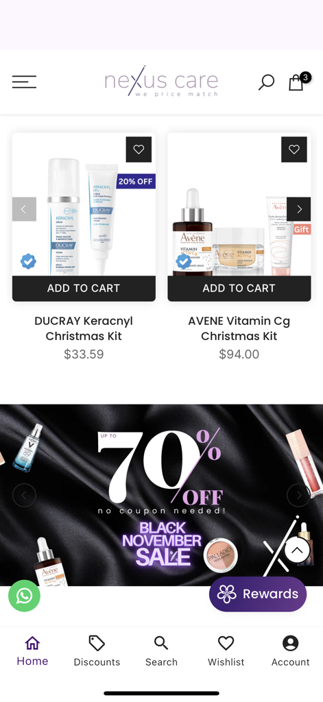 Nexus Care Beauty - Pantalla de inicio de la aplicación Nexus Care Beauty que muestra kits navideños para el cuidado de la piel y un banner de rebajas de Black November