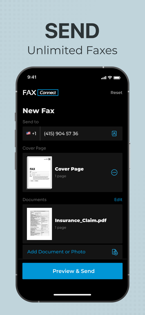La pantalla Nuevo Fax en la aplicación FAX Online que muestra el adjunto del documento y los detalles del destinatario