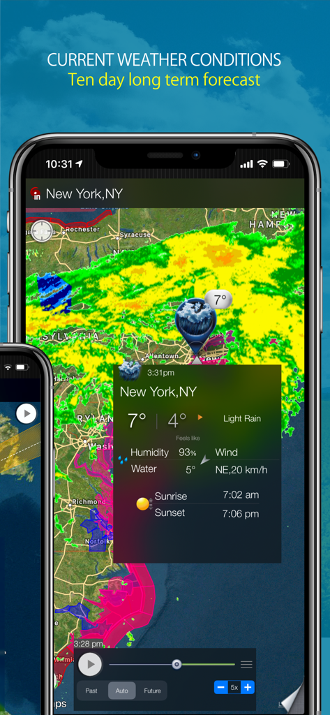 Radar Sky App zeigt aktuelle Wetterbedingungen und Live-Niederschlagsradar für New York.