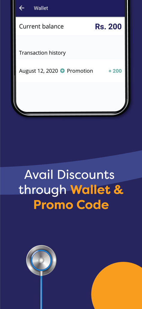 oladoc - the health app - oladoc app wallet screen showing balance in rupees and promotional discounts