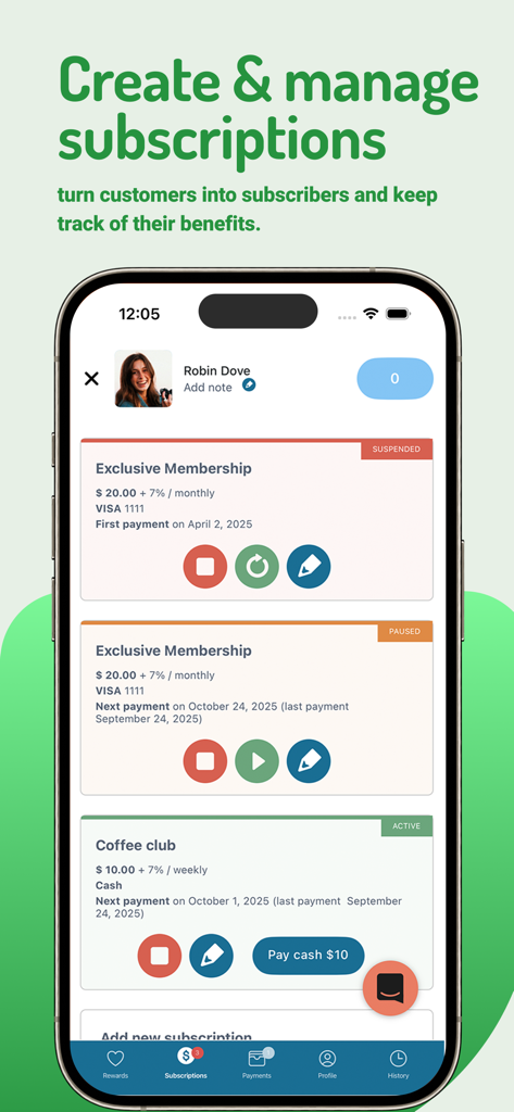 Interface of the Loyalzoo for Business app showing options to create and manage customer subscriptions and memberships