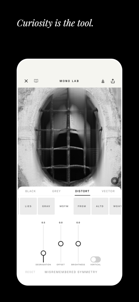 Mono Lab - Mono Lab app user interface showing experimental black and white photo distortion filters and adjustment sliders