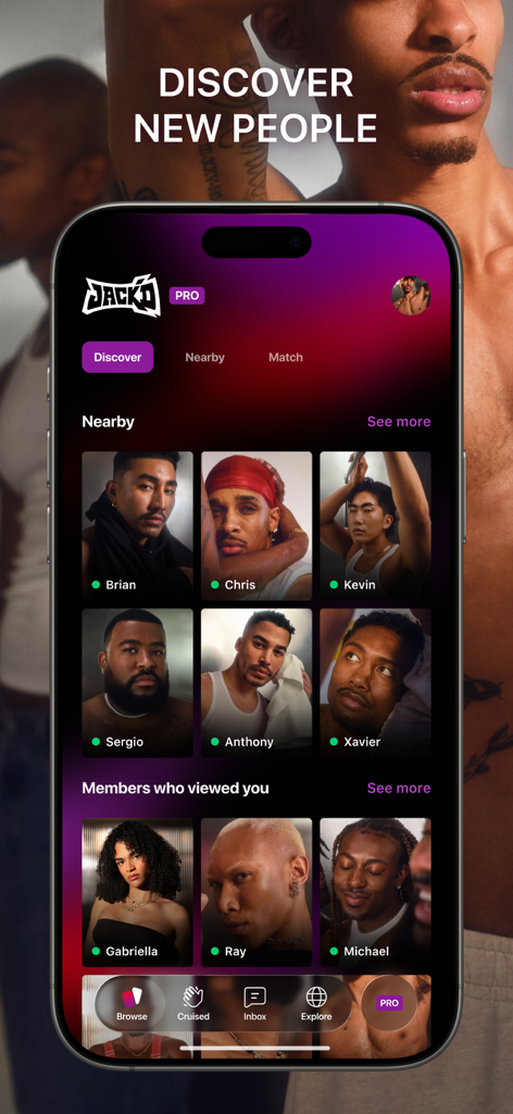 Jack'd app interface showing a grid of diverse male profiles in the discover section