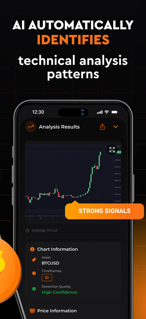 CrypsEye: Crypto AI Analyzer - Interface do aplicativo móvel CrypsEye mostrando análise técnica automatizada de criptomoedas por IA para Bitcoin com sinais de alta confiança