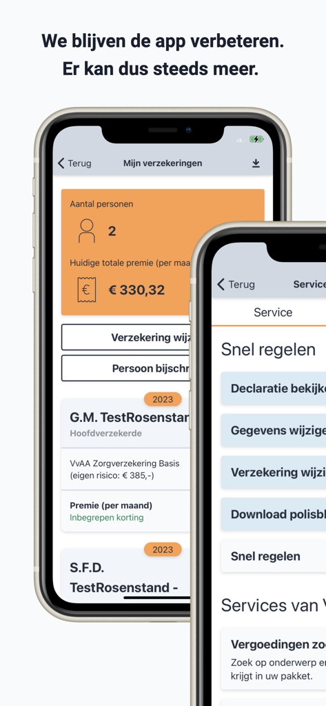 Two mobile screens of the VvAA health insurance app showing policy details and service options.
