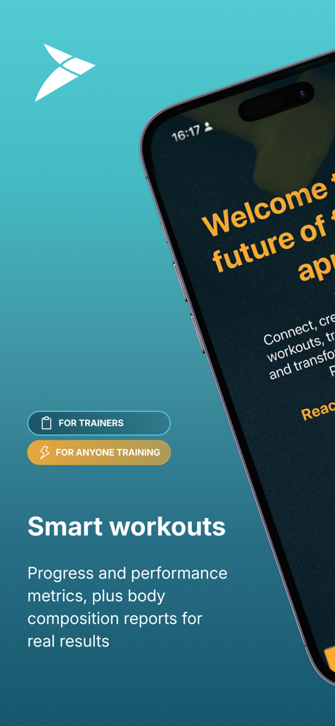 PersonalGO - Tela inicial do aplicativo fitness PersonalGO mostrando treinos inteligentes e relatórios de composição corporal
