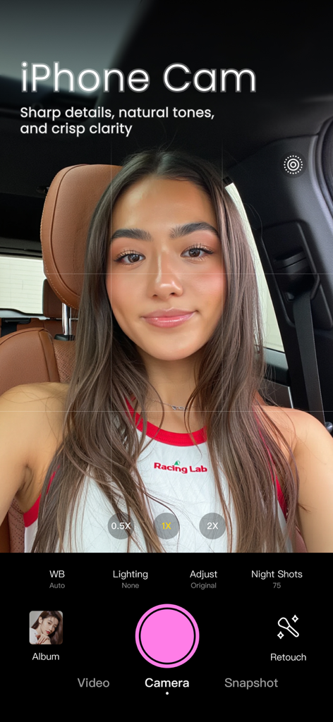 Vista previa de selfie en BeautyCam mostrando el modo iPhone Cam con tonos de piel naturales.