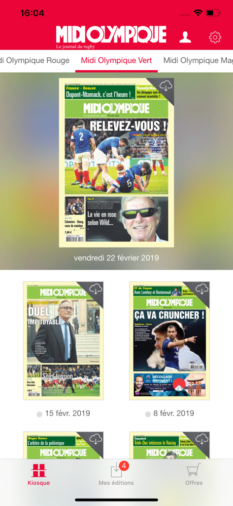 Midol app kiosk showing digital editions of Midi Olympique newspaper