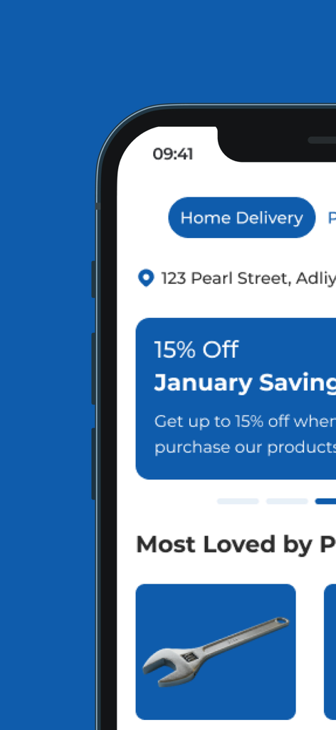 BIM-APP - BIM-APP mobile interface showing home delivery selection and a promotional banner for tool savings