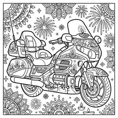Embark on a festive journey with this unique coloring page featuring a powerful touring motorcycle adorned for Diwali. Discover intricate designs and celebrate the festival of lights with a touch of adventure.