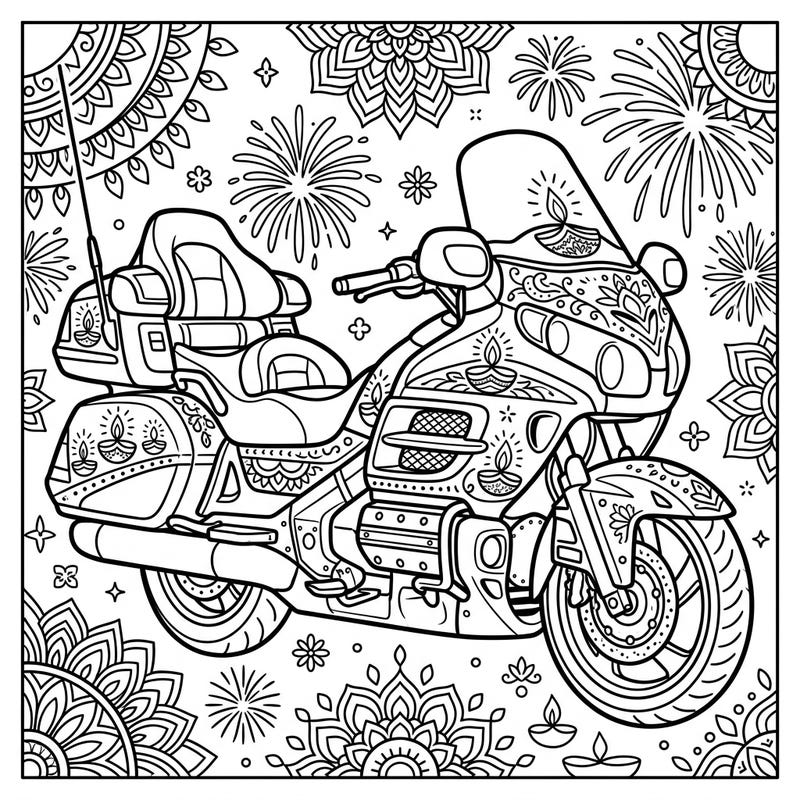 Embark on a festive journey with this unique coloring page featuring a powerful touring motorcycle adorned for Diwali. Discover intricate designs and celebrate the festival of lights with a touch of adventure.