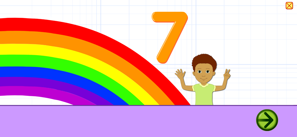 Um personagem infantil mostrando sete dedos ao lado de um grande número sete laranja e um arco-íris no aplicativo educativo Starfall Numbers