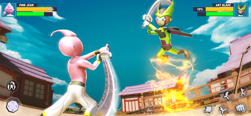 Pink Jean and Ant Blade characters in a sword battle in a traditional Japanese dojo arena