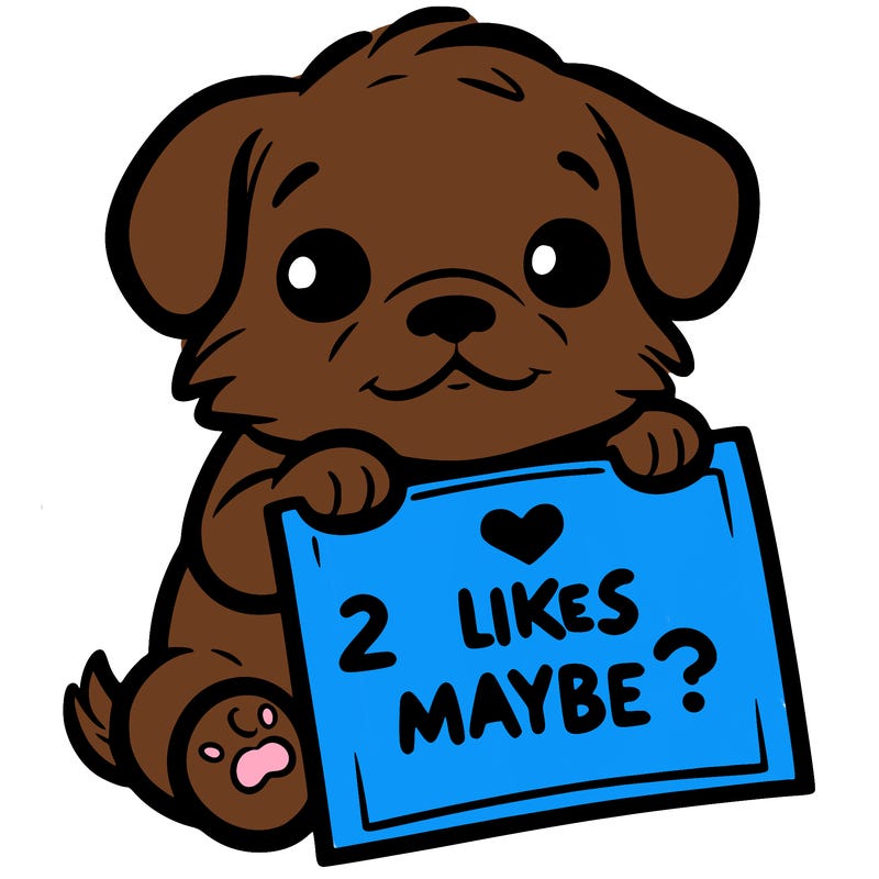 a puppy holding a sign that says 2 likes maybe?