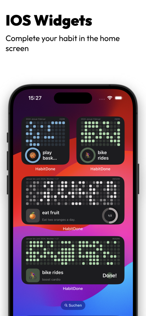 iOS home screen widgets for HabitDone showing habit progress heat maps