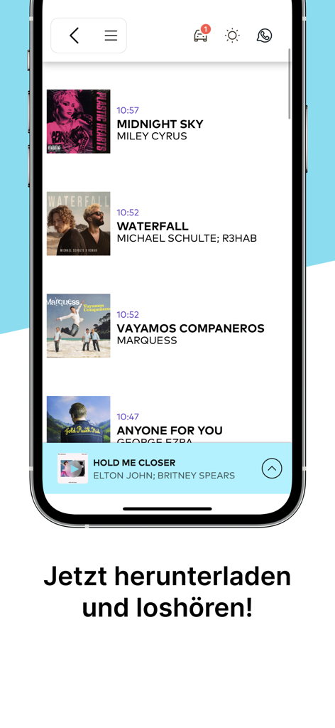 Aplicação móvel Radio Argovia mostrando uma lista de músicas reproduzidas recentemente e uma barra de 'a tocar agora'.