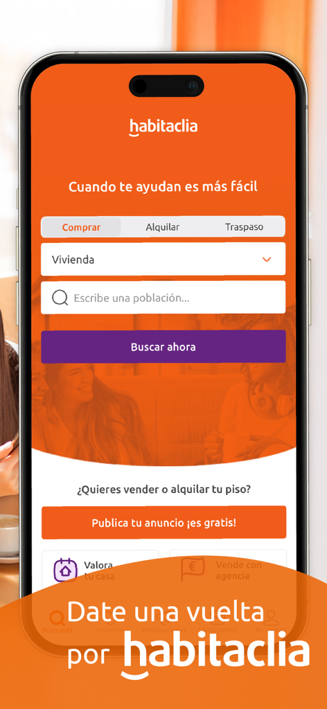 Habitaclia Portal Inmobiliario - Écran d'accueil de l'application immobilière Habitaclia affichant les filtres de recherche pour l'achat et la location de biens immobiliers en Espagne.