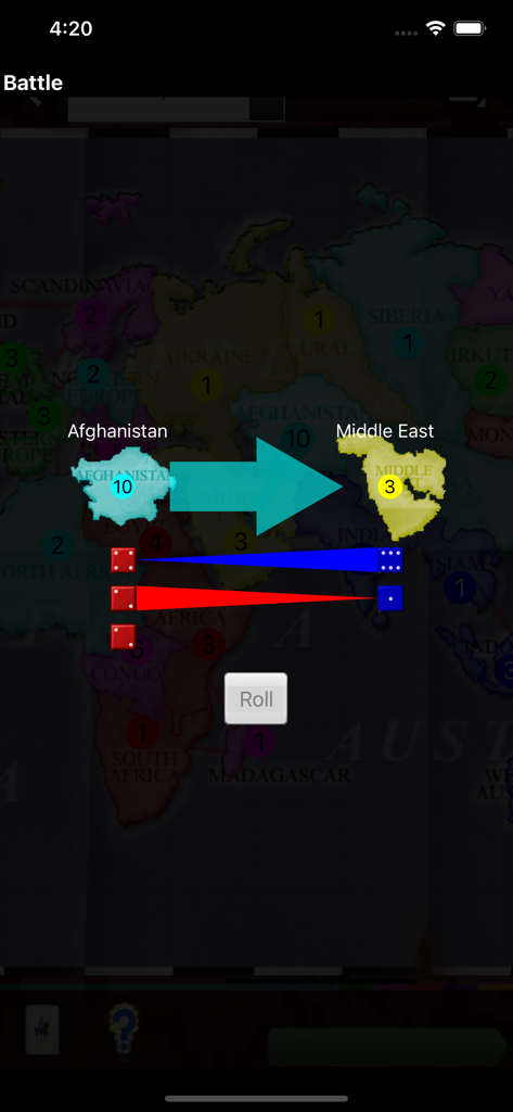 Domination (risk & strategy) - Screenshot di gioco dell'app di strategia Domination che mostra una battaglia tra Afghanistan e Medio Oriente con un pulsante di lancio.