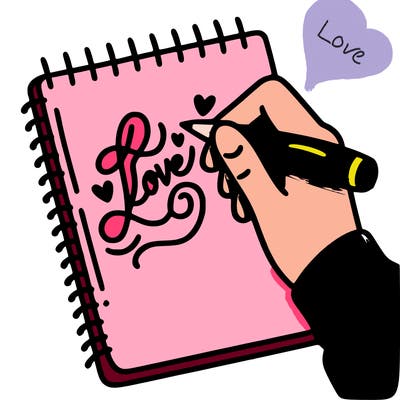 a hand writing “love” in calligraphy on a notebook