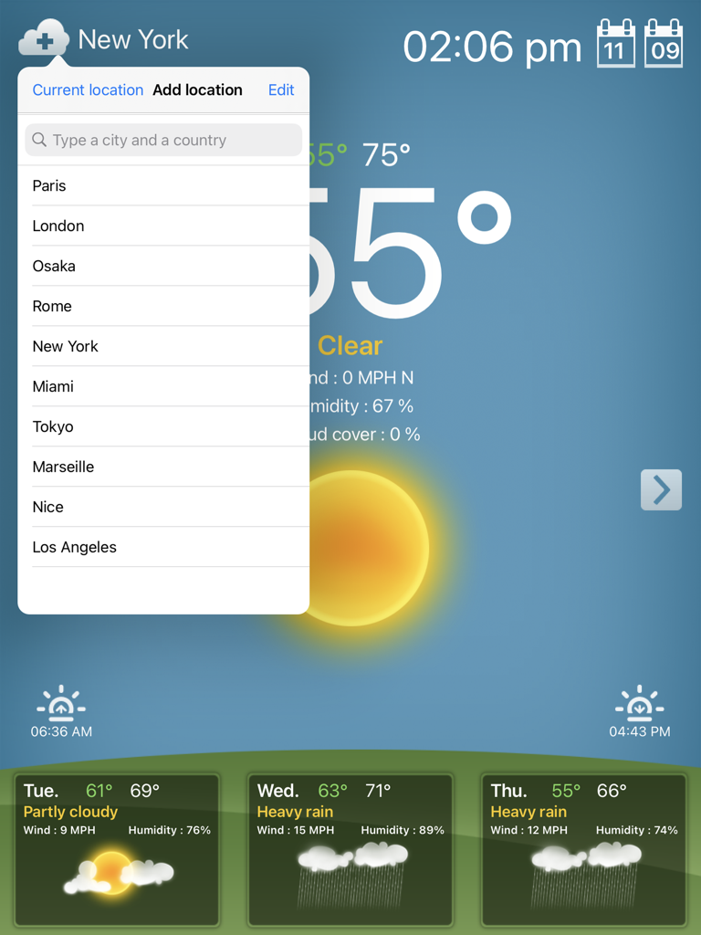 Weather for iPad app interface with city selection menu overlaying a sunny background