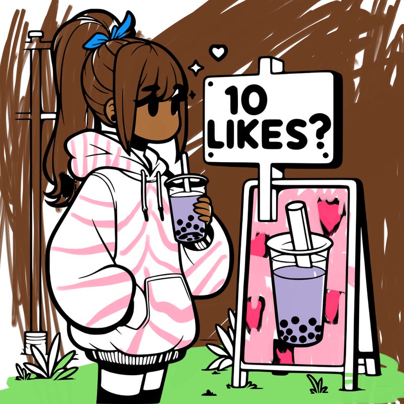 girl with oversized hoodie drinking boba and she has a high ponytail with a sign that says 10likes?