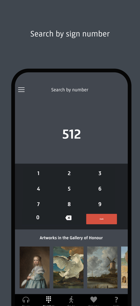 Rijksmuseum - Search by sign number interface in the Rijksmuseum app featuring a numeric keypad and artworks in the Gallery of Honour.