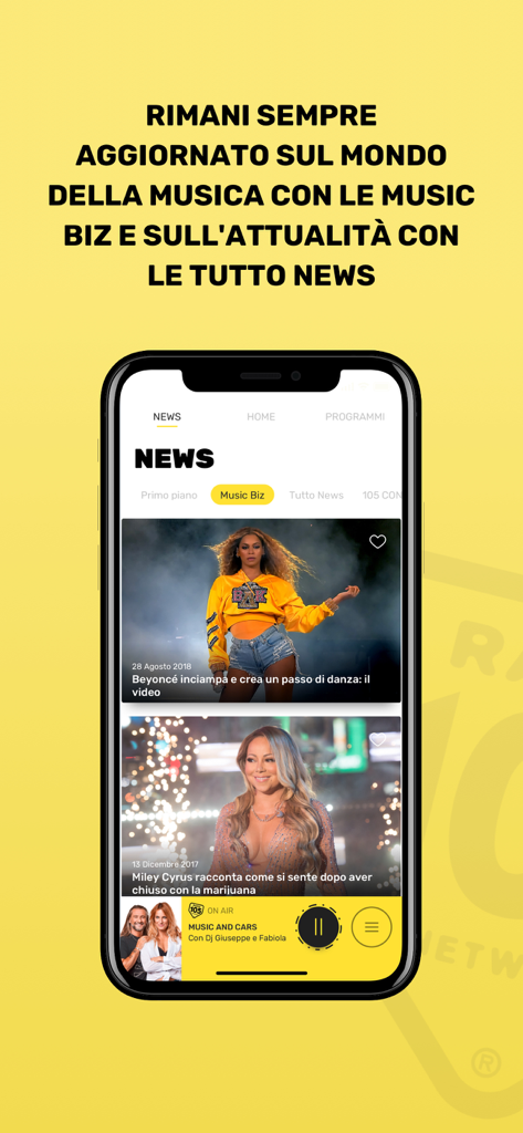Radio 105 - Radio 105 app news interface displaying music and current events updates