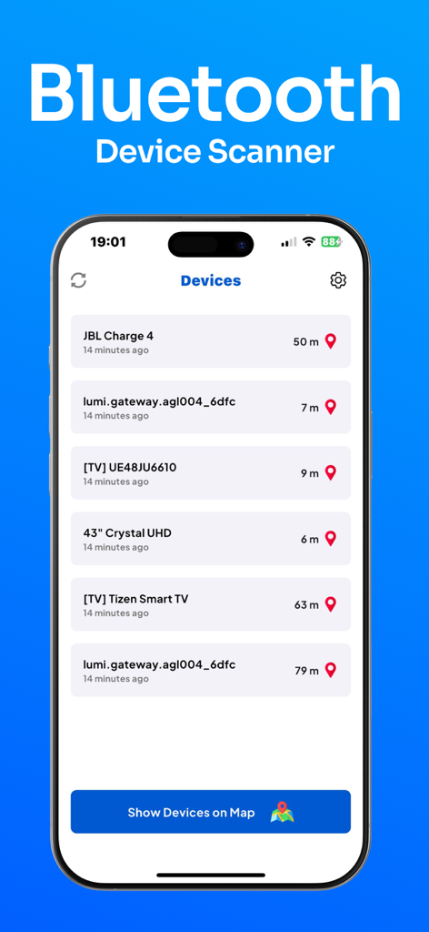 Mobile screen showing a list of nearby Bluetooth devices with their names and distance in the BlueX app