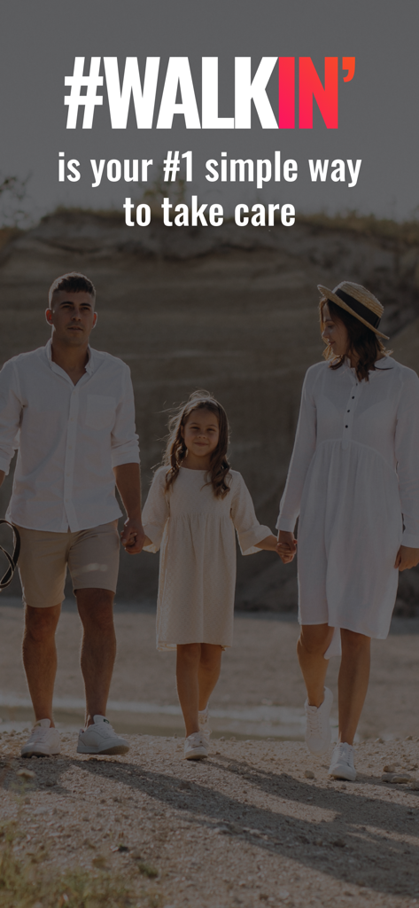 A family walks together outdoors under the text Walkin is your simple way to take care