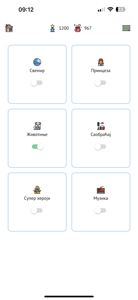 Menu principal do aplicativo Elemental Mini exibindo várias categorias de quebra-cabeças com ícones coloridos e interruptores de alternância