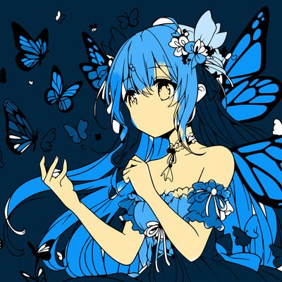 anime girl with butterfly wings surrounded by butterflies