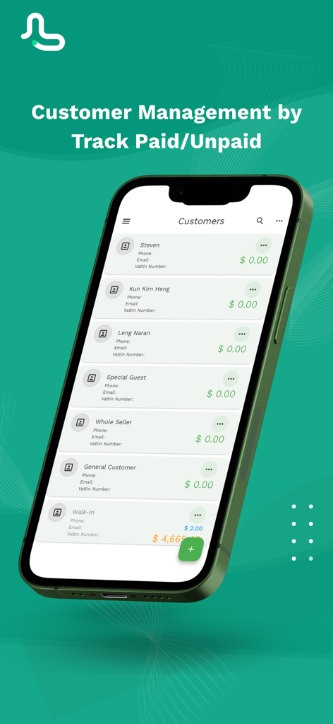 Pantalla de gestión de clientes en la aplicación MyLekha POS rastreando facturas pagadas y no pagadas