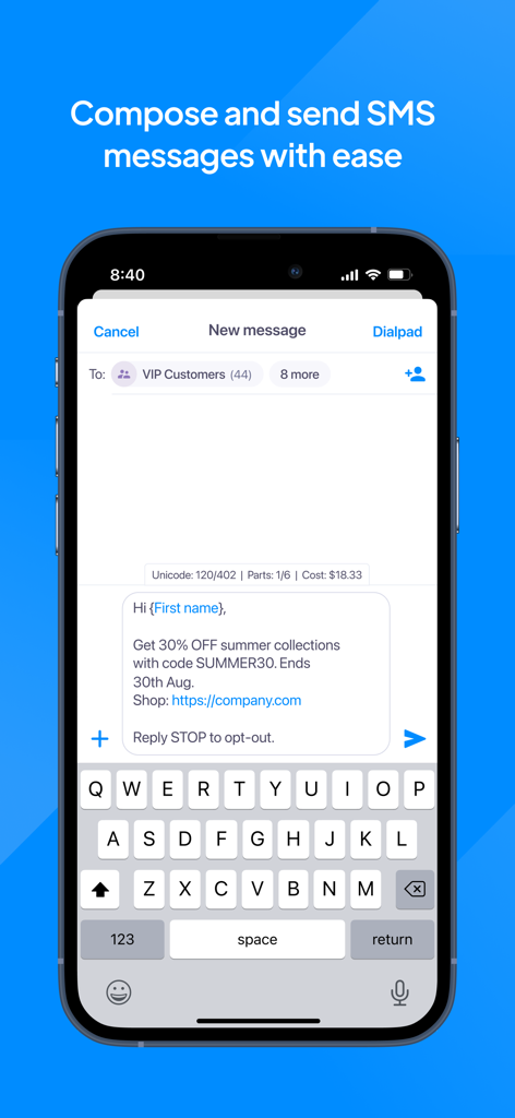 TextMagic - TextMagic App Bildschirm, der zeigt, wie eine geschäftliche SMS-Werbeaktion verfasst und gesendet wird