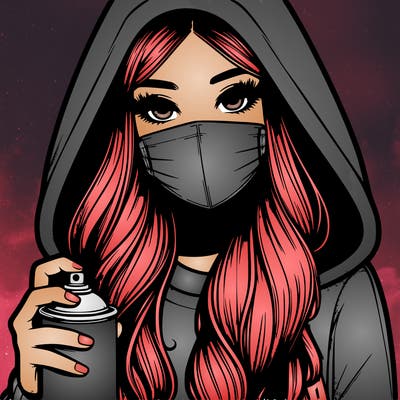 girl wearing a mask with long hair with her hood up spray-painting realistic
