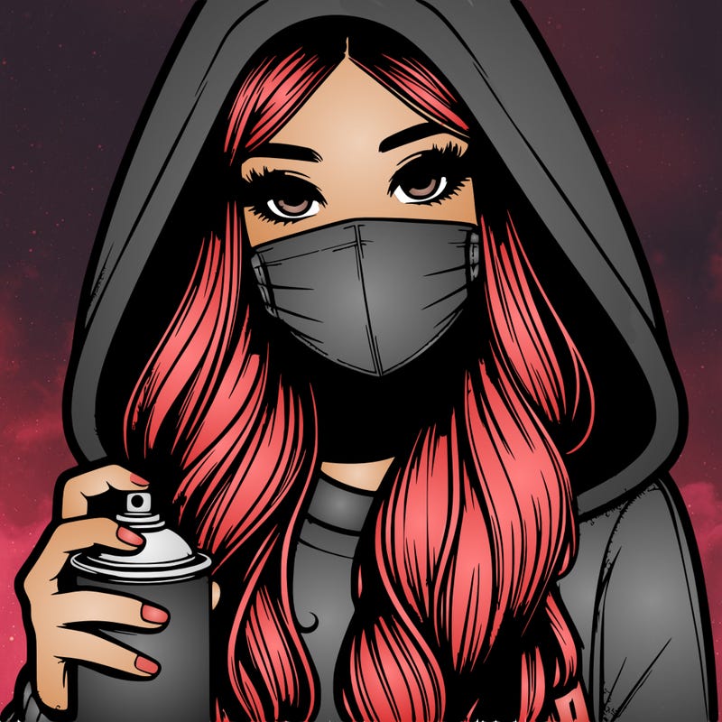 girl wearing a mask with long hair with her hood up spray-painting realistic