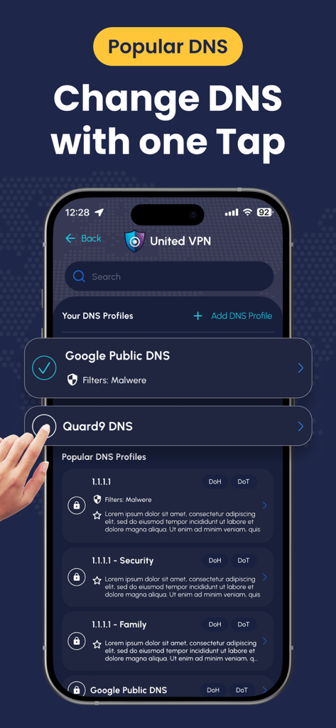 United VPN - Fast & Secure DNS - Interface of the United VPN app showing various popular DNS profiles and the option to change DNS with one tap